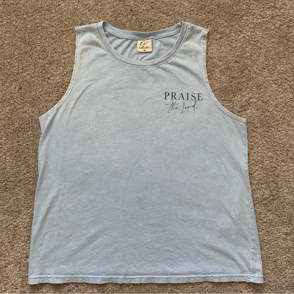Oat Collective Praise The Lord Psalm 148 Acid Wash Light Blue Tank Medium